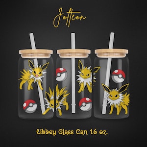 Electric Spark Frosted 16oz Libbey Glass Can with Bamboo Lid & Reusable Straw, Anime-Inspired Drinkware, Iced Drink Cup, Eeveelution