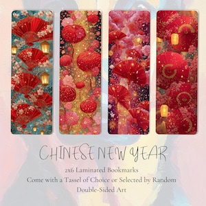 May include: Four 2x6 inch laminated bookmarks with double-sided art. The bookmarks feature red fans, lanterns, and floral designs, with a Chinese New Year theme. The text "CHINESE NEW YEAR" is displayed.