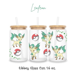 Leaf Whisper Frosted 16oz Libbey Glass Can with Bamboo Lid & Reusable Straw, Anime-Inspired Drinkware, Nature Lover Cup, Eeveelution