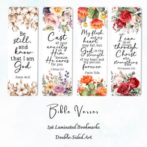 May include: Four rectangular bookmarks featuring floral designs and Bible verses. The first shows cotton and Psalm 46:10. The second has roses and 1 Peter 5:7. The third displays cacti and Psalm 73:26. The fourth features red roses and Philippians 4:13.