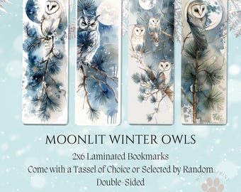 Marcapáginas laminado de búho iluminado por la luna, marcapáginas con arte de búho nocturno, ilustración de bosque celestial, regalo místico para el lector.