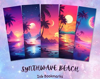 Synthwave Beach Bookmark, Retro Sunset Bookmark, Neon Aesthetic Bookmark, Vaporwave Art Bookmark, Laminated Bookmark