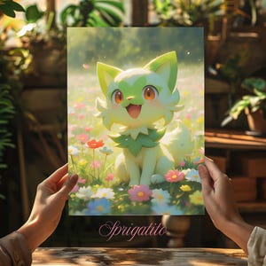 Lámina artística de gato de anime de dibujos animados tipo hierba: decoración de pared con toques de gato de hierba mágicos, adorable arte pastel para gamers, regalo de videojuegos para fans del anime.