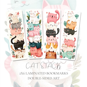 Funny Cat Stack Bookmarks, Cute Cartoon Cat Bookmark, Stacked Cats Bookmark, Laminated Double-Sided Bookmarks