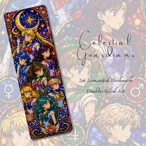 May include: A rectangular laminated bookmark featuring a stained-glass style illustration of multiple anime characters. The design includes a crescent moon, stars, and planetary symbols. Text on the bookmark reads Celestial Guardians 2x6 Laminated Bookmark Double-Sided Art.