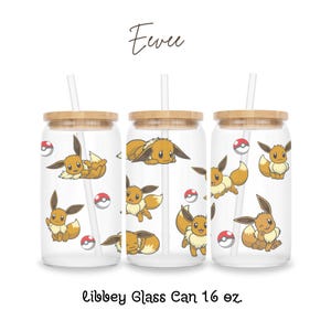 Adorable Fox Frosted 16oz Libbey Glass Can with Bamboo Lid & Reusable Straw, Anime-Inspired Drinkware, Iced Coffee and Tea Cup, Eeveelution