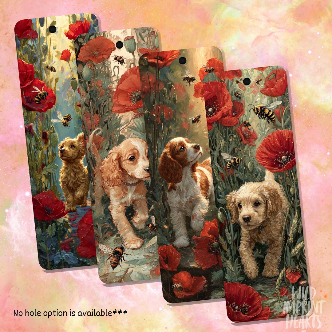 Cocker Spaniel With Poppy Flowers Bookmark, Dog and Floral Art Bookmark ...