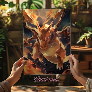 Fire Type Poke Inspired Art Print – Glossy or Aluminum Metal Finish, Legendary Starter Anime Wall Art for Poke Fans and Lovers, Cartoon Art