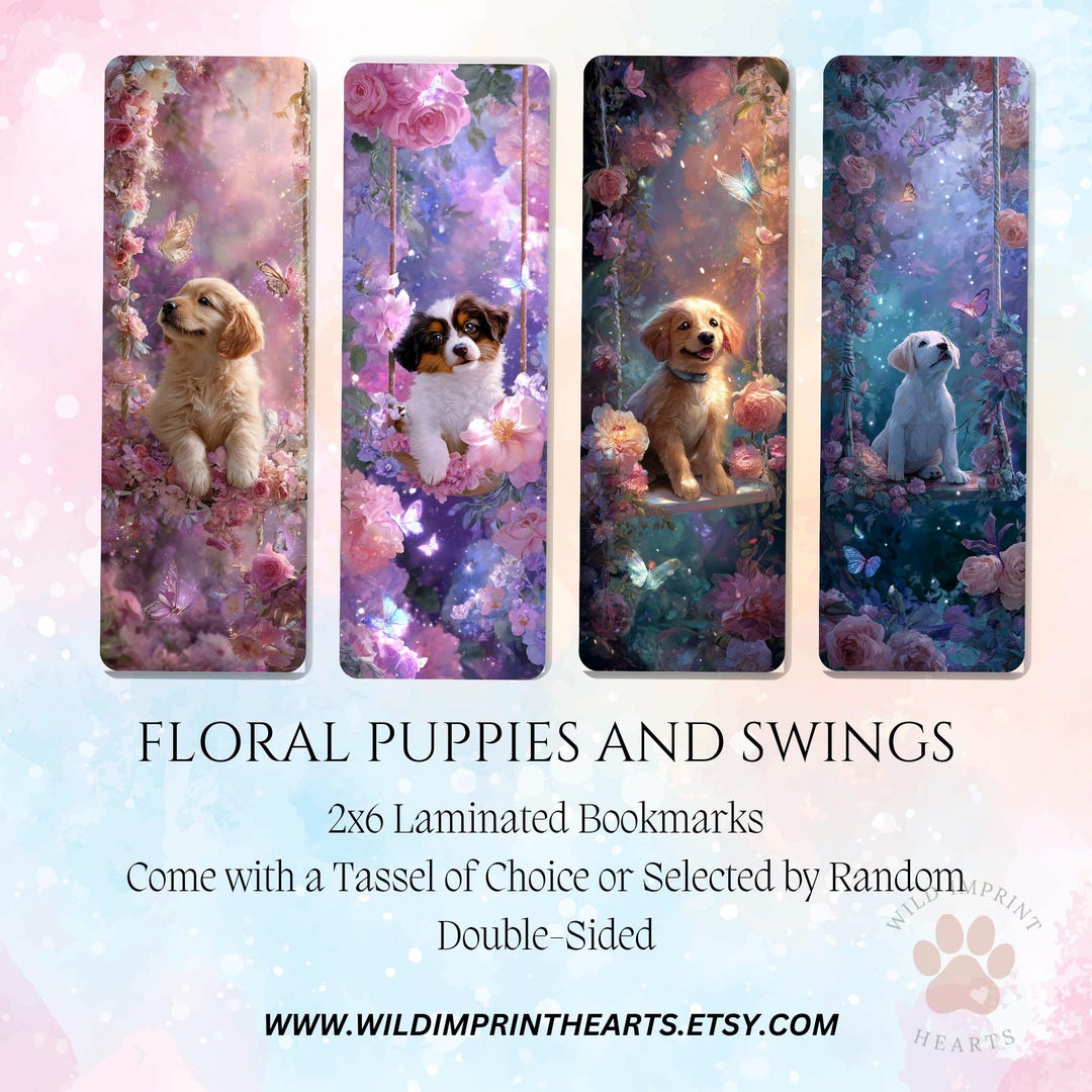 Floral Puppy Bookmark, Dog on Swing, Laminated 2x6, With or Without ...