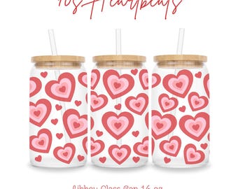70s Retro Hearts 16oz Frosted Libbey Glass Can with Bamboo Lid and Straw, Vintage Inspired Drinkware, Tea, Coffee, Cold Drinks Cup, Hearts