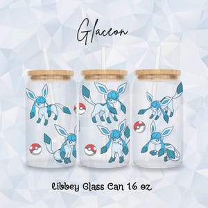 Ice Spirit Frosted 16oz Libbey Glass Can with Bamboo Lid & Reusable Straw, Anime-Inspired Drinkware, Cold Beverage Cup, Eeveelution