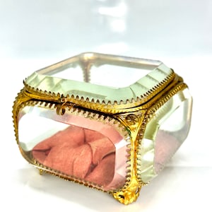 Antique French Style large size Thick Beveled Paneled Glass Footed Jewelry Casket Box with Tufted Red Silk Interior