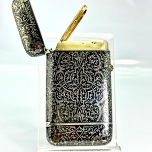 antique 19th unique french silver niello cigarette and match case / rare form