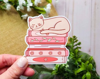 Pink Floral Cat on Books Vinyl Sticker: Book Lover Gift