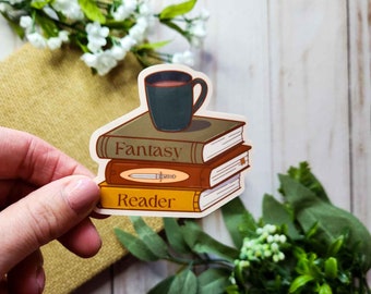 Fantasy Reader Vinyl Sticker: Book Stack & Coffee