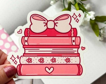 Coquette Book Stack Sticker: Pink Bows, Hearts, Sparkles