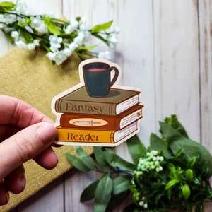 Fantasy Reader Vinyl Sticker: Book Stack & Coffee