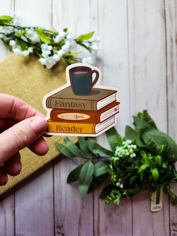 Fantasy Reader Vinyl Sticker: Book Stack & Coffee