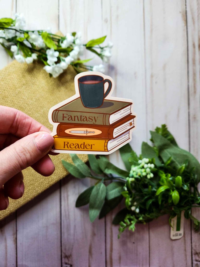 Fantasy Reader Vinyl Sticker: Book Stack & Coffee image 1