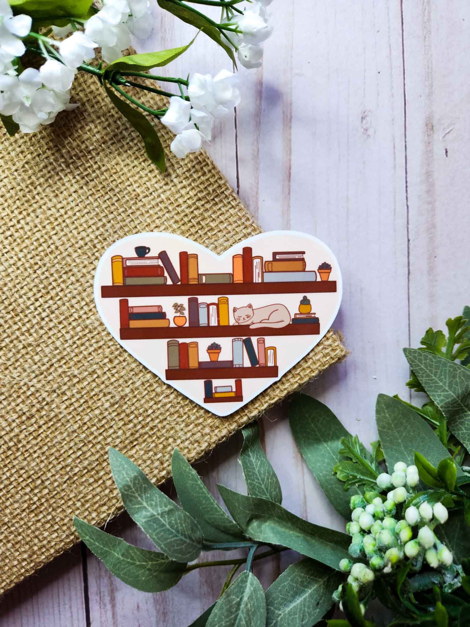 Cute Cat Bookshelf Heart Sticker Book Sticker Bookish Merch Etsy
