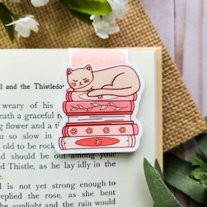 Cat Sleeping on Books Magnetic Bookmark: Pink Floral Bookish Merch