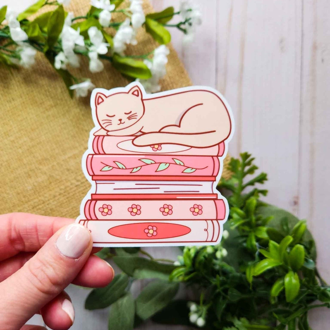 Cat Pink Floral Books Vinyl Sticker, Book Sticker, Bookish Merch, Book