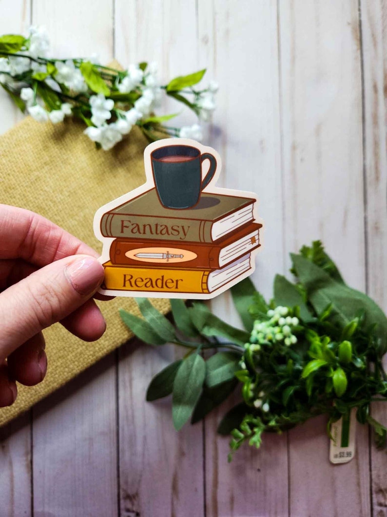 Fantasy Reader Vinyl Sticker: Book Stack & Coffee image 2