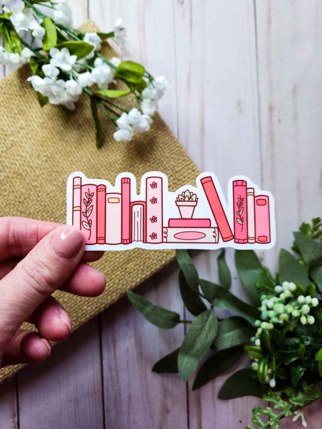 Pink Floral Bookshelf Vinyl Sticker, Book Sticker, Bookish Merch, Book