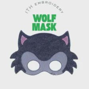May include: A dark gray felt wolf mask featuring light gray eye patches, pointed ears with pink inner accents, and jagged side edges. The text ITH EMBROIDERY WOLF MASK is printed in green and black above the mask on a light gray background.