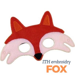 May include: Red felt fox mask with pink felt ears and nose. The mask has eye holes and is designed for children's play. The text "ITH embroidery FOX" is printed below the mask.