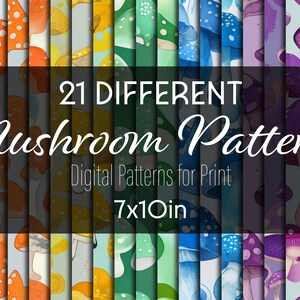 21 Colorful Mushroom Designs - 7x10in  -  Mushroom Pattern | For Digital or Print Sublimation, Backgrounds, Stationary, Scrapbooking & more