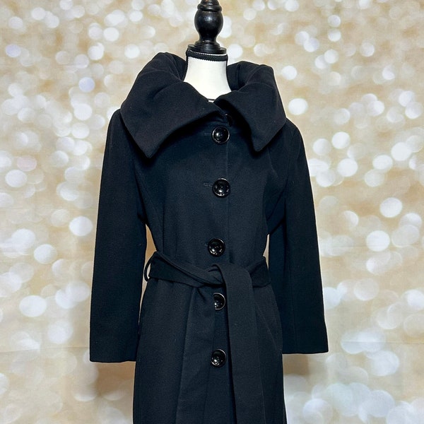 Elegant Black Women’s Shin-Length Cowel Collar Coat - Timeless Style