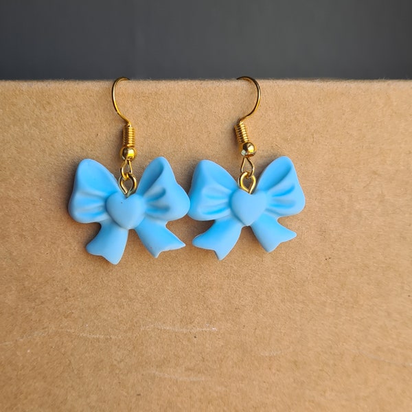 Kawaii Bow Pearl Earrings Blue EGL Sweet Hand Made Decora Pendant Clay Pastel Girly Coquette J-fashion Quirky Sweet Gift