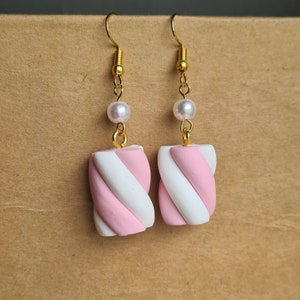 Kawaii adorable marshmallow candy earrings polymer clay made to order sweet pastel costume jewellery egl decora