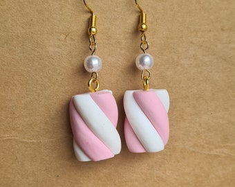Kawaii adorable marshmallow candy earrings polymer clay made to order sweet pastel costume jewellery egl decora