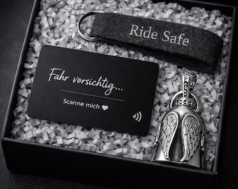 Ride Safe Geschenk Set mit NFC Karte,Guardian Bell personalisiertes Biker Geschenk für Freund, Partner oder Familie – Schutzengel Biker