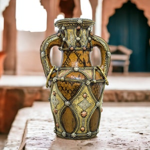 Moroccan Vintage Vase, Moroccan Berber Ceramic Brass Vase, Artisanal Decorative Vessel, Vintage Pottery Vase Urn,