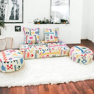 Set of Moroccan Floor Couch,Arabic Floor Sofa,Vintage Moroccan Ottoman,BeniOurain Floor seating,Meditation Cushion+Set of 2 round pouf cover