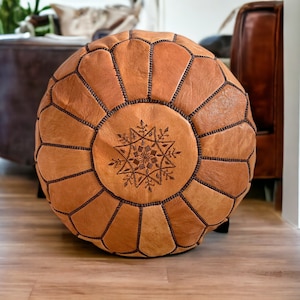 Brown Leather Ottoman Pouf: Berber Moroccan Footstool, Floor Seating
