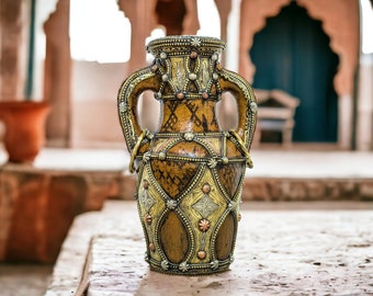 Moroccan Handmade Ceramic Brass Vase, Unique Artisanal Decorative Vessel, Vintage Pottery Vase Urn, Midcentury Vase