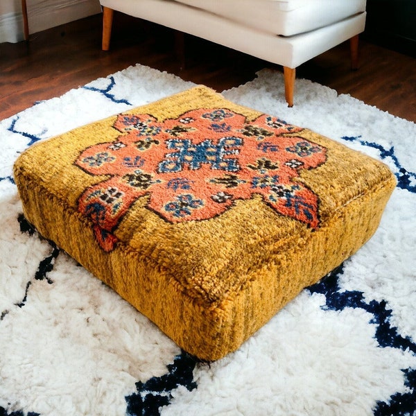 Vintage Moroccan Ottoman Kilim Pouf, Floor Pouf, Beni Ourain Square Pouf,Meditation Cushion,Outdoor Orange Kilim Pouf