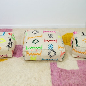 Set of 3 Moroccan Kilim Pouf, Floor Seating Poufs, Vintage Moroccan Ottoman, Beni Ourain Square Pouf,Meditation Cushion,Outdoor Floor Pillow