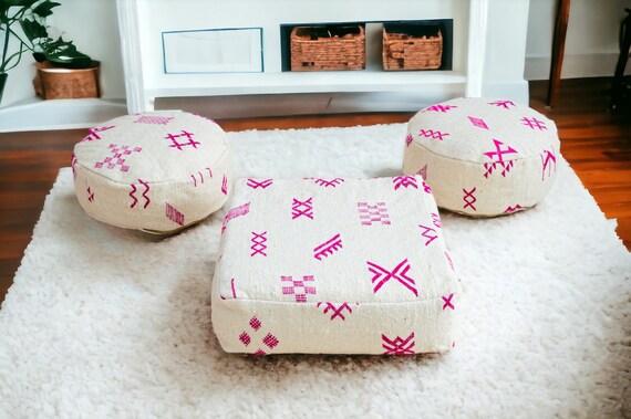 Trio of Berber Moroccan Wool Poufs: Handmade Kilim Floor Seating