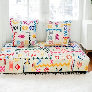Moroccan Floor Couch,Arabic Floor Sofa,Vintage Moroccan Ottoman,BeniOurain Floor seating,Meditation Cushion +Set of 2 colorful Pillows Cover