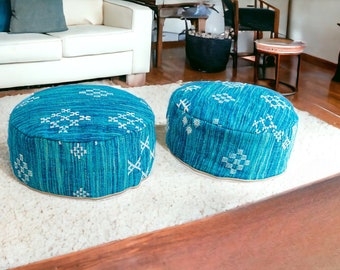 Set of 2 Round Pouf Ottoman, Vintage Moroccan Pouffe Ottoman, Floor Cushion, Outdoor Kilim Pillow Cover