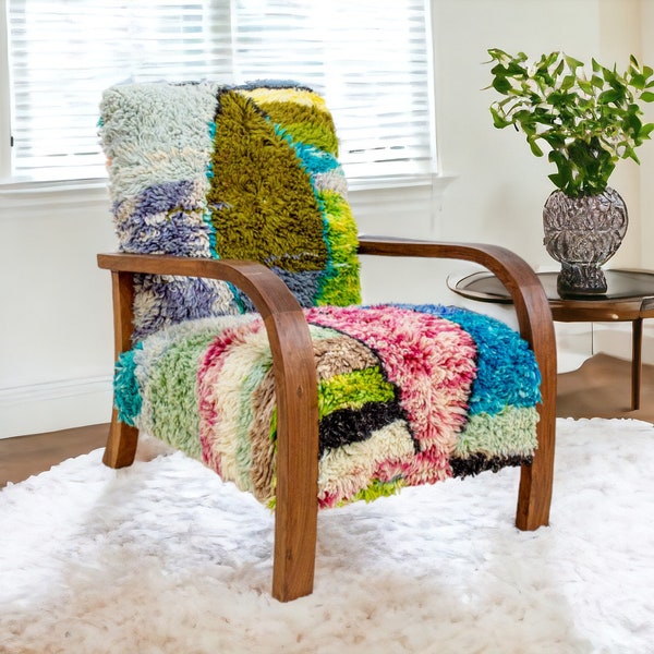 Colorful Moroccan Kilim Rug Armchair, Mid century armchair, Retro lounge chair, relax vintage modern chair