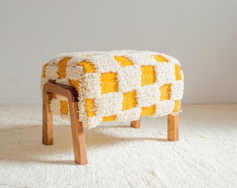 Moroccan Kilim Bench, Boucle ottoman, teddy Leg rest, Sherpa chair handmade mid century armchair, Moroccan wooden pouf