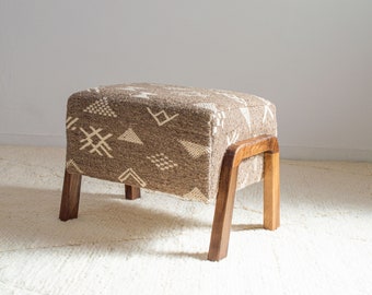 Moroccan Kilim Bench Boucle ottoman, teddy Leg rest, Sherpa chair handmade mid century armchair, Moroccan wooden pouf