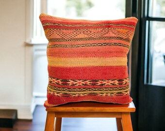 Colorful Red Moroccan Kilim Pillow, Floor Pillow Cover 45x45 Boho Throw Pillow, Kilim Pattern Cube Pillow, Wool Decorative Pillow