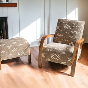 Midcentury Chair and ottoman Bench, Vintage Lounge Chair, Accent chairs, comfy Wooden Armchair for living room, Art Deco Chair